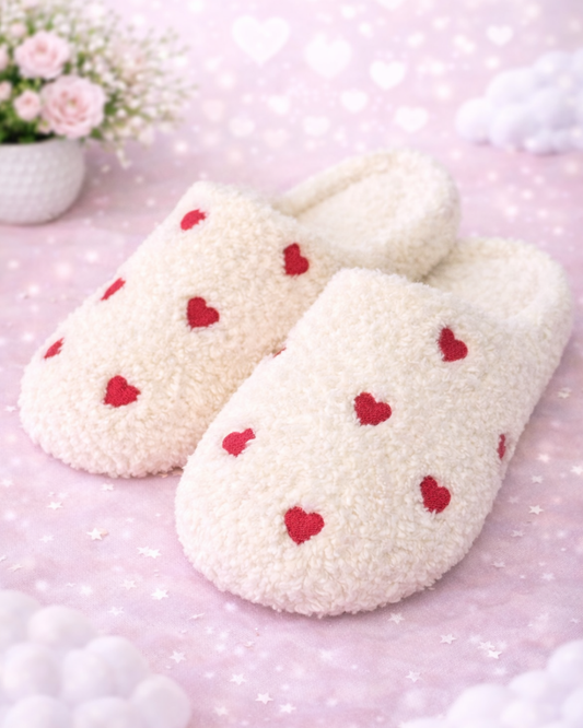 Fuzzy White Heart Slippers