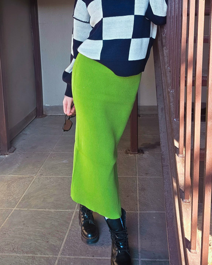 Matcha Green Ribbed Midi Skirt