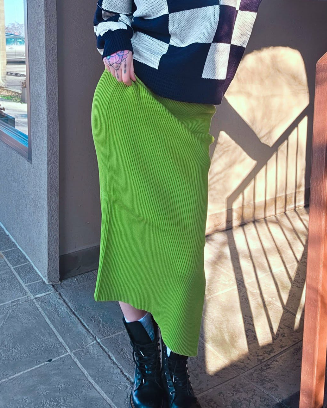 Matcha Green Ribbed Midi Skirt