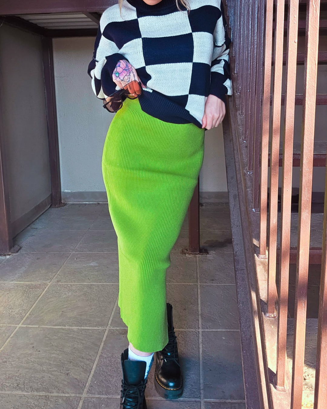 Matcha Green Ribbed Midi Skirt