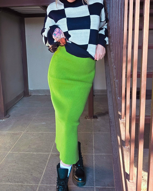 Matcha Green Ribbed Midi Skirt