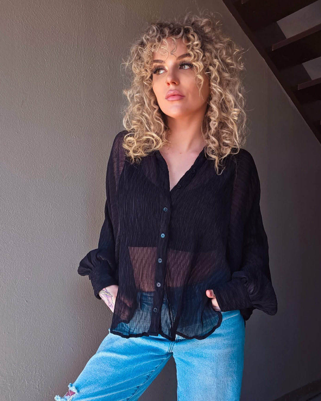 Sheer Elegance Black Button Up Blouse