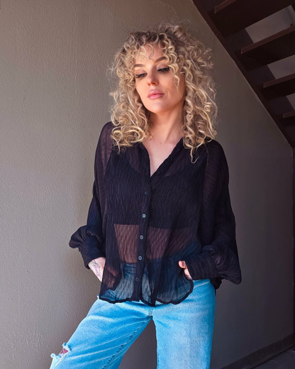 Sheer Elegance Black Button Up Blouse
