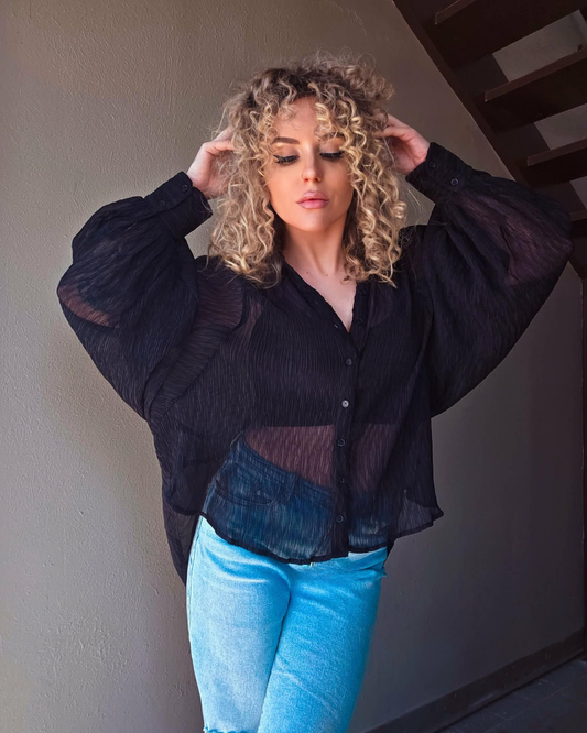 Sheer Elegance Black Button Up Blouse