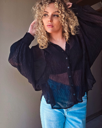Sheer Elegance Black Button Up Blouse