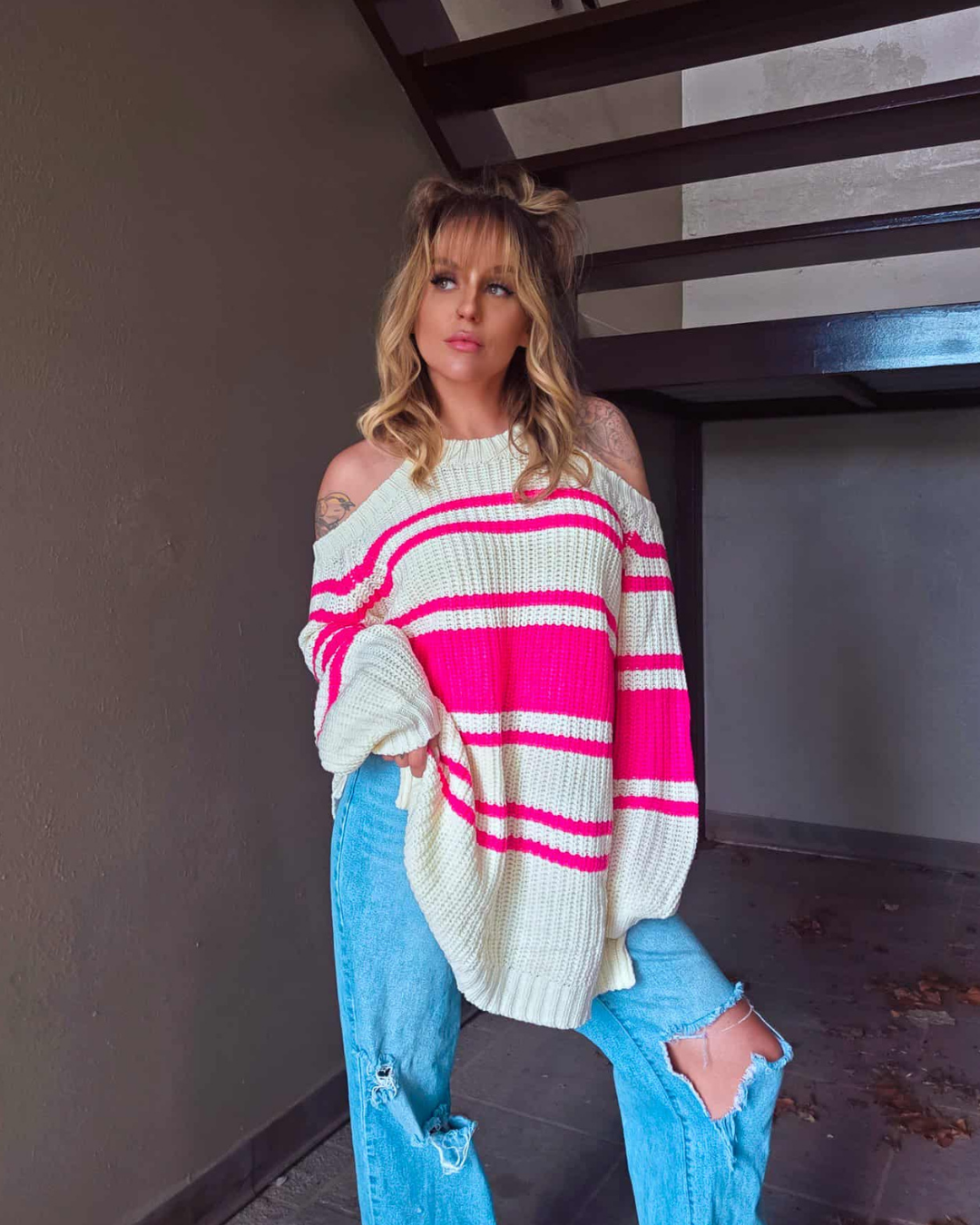 Fall Festival Striped Cold Shoulder Sweater Dress