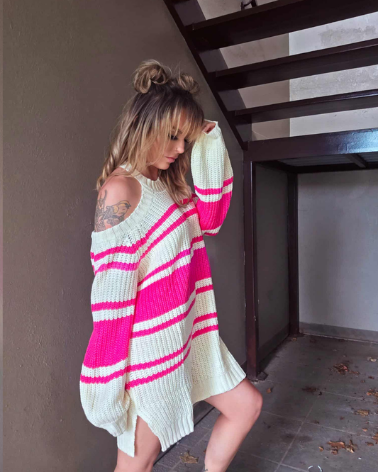 Fall Festival Striped Cold Shoulder Sweater Dress