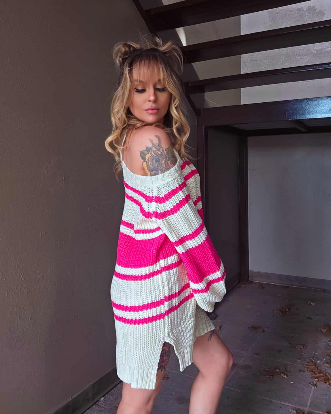 Fall Festival Striped Cold Shoulder Sweater Dress