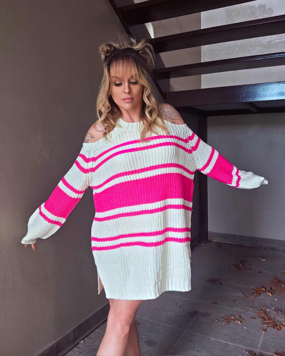 Fall Festival Striped Cold Shoulder Sweater Dress