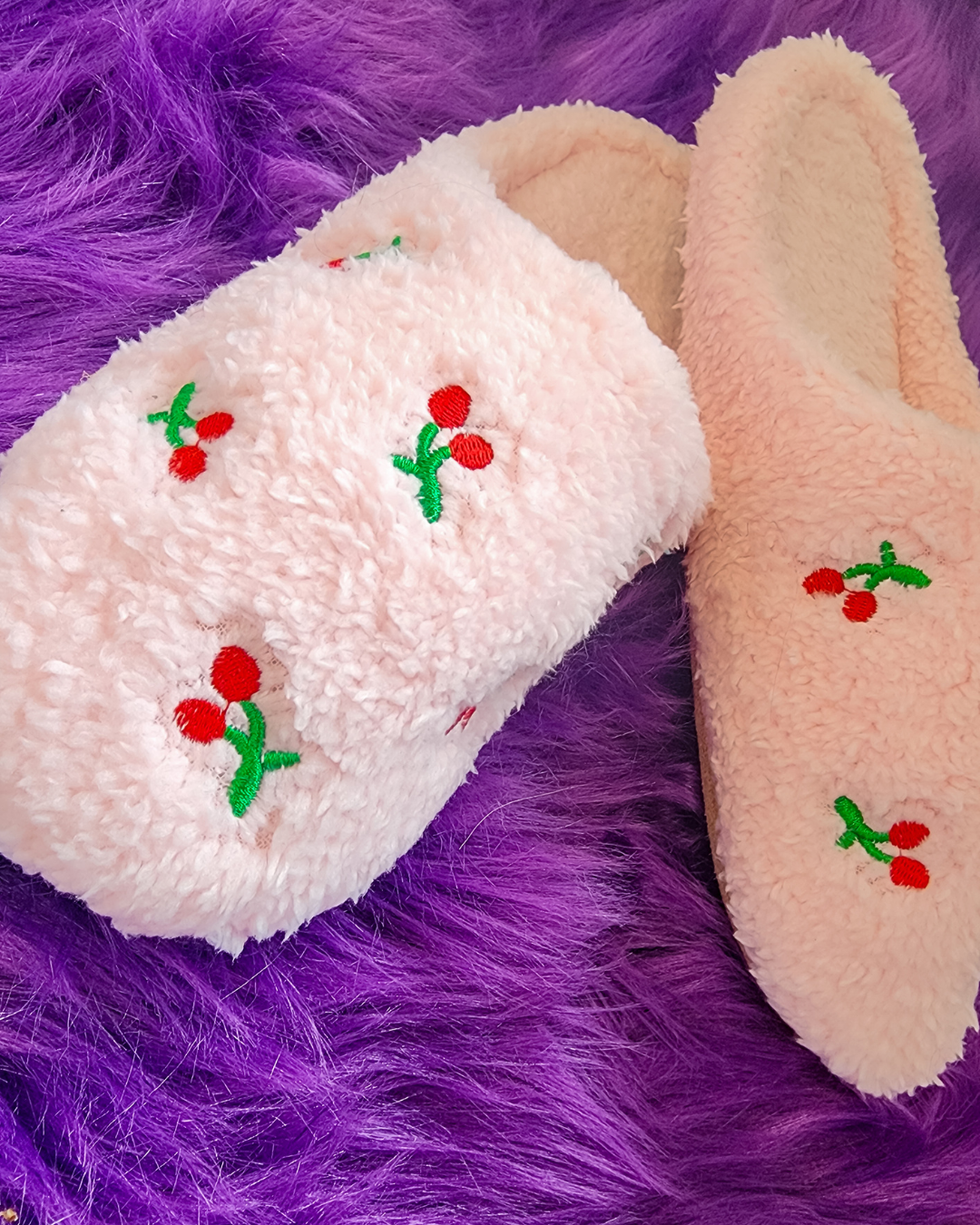 Fuzzy Pink Cherry Slippers