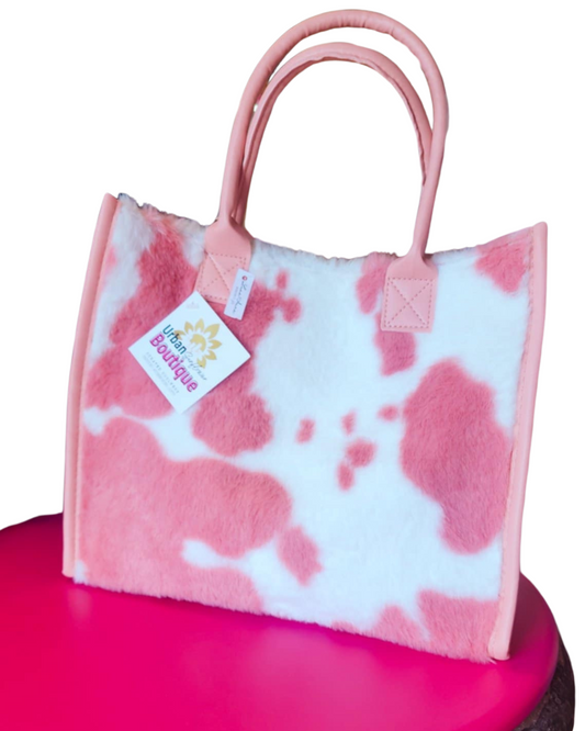 Fuzzy Pink Cow Print Handbag