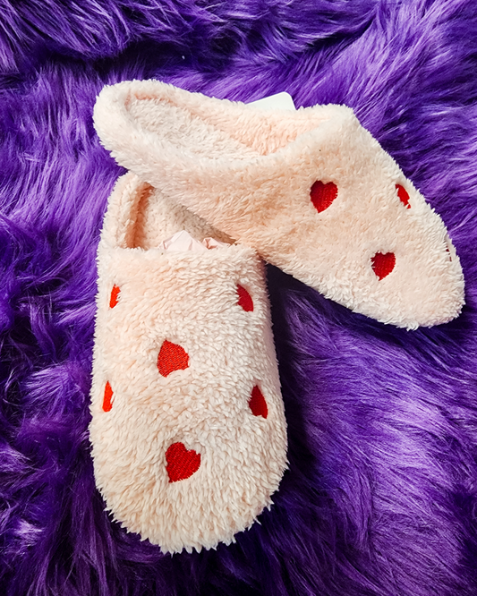 Fuzzy Pink Heart Slippers