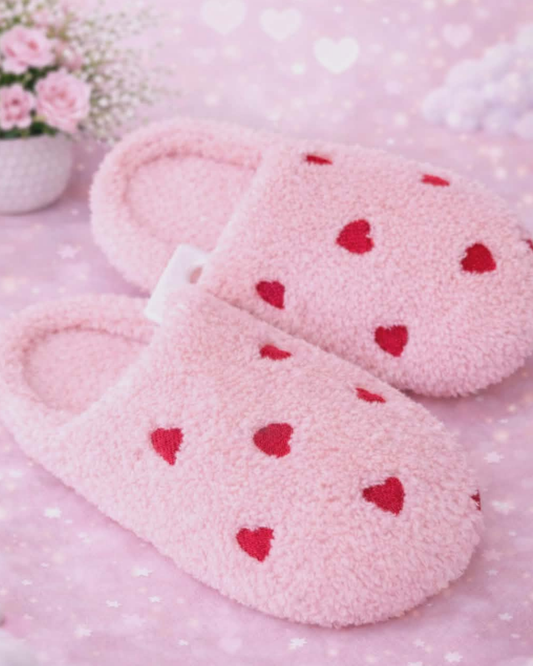 Fuzzy Pink Heart Slippers