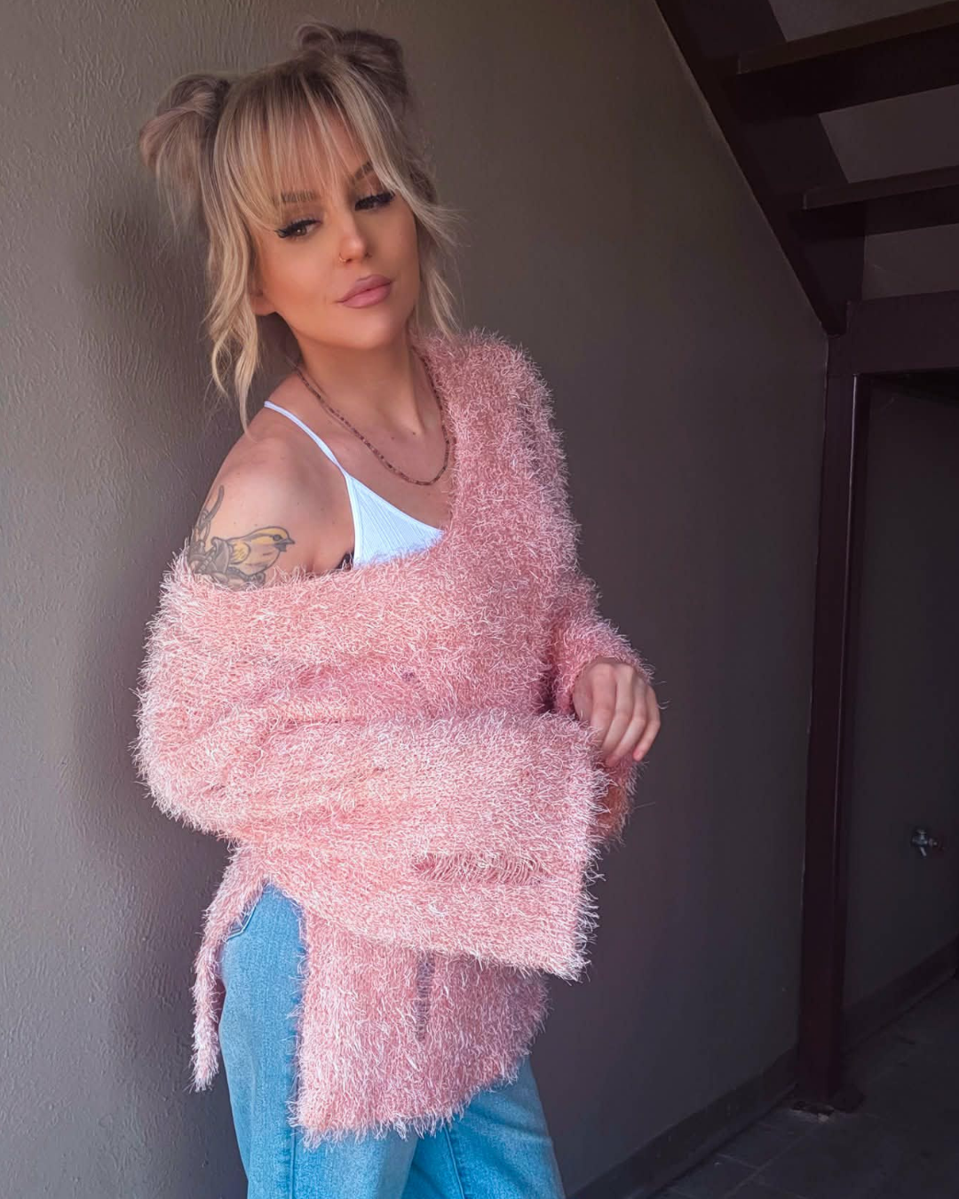 Fuzzy Pink Distressed Off-Shoulder Sweater