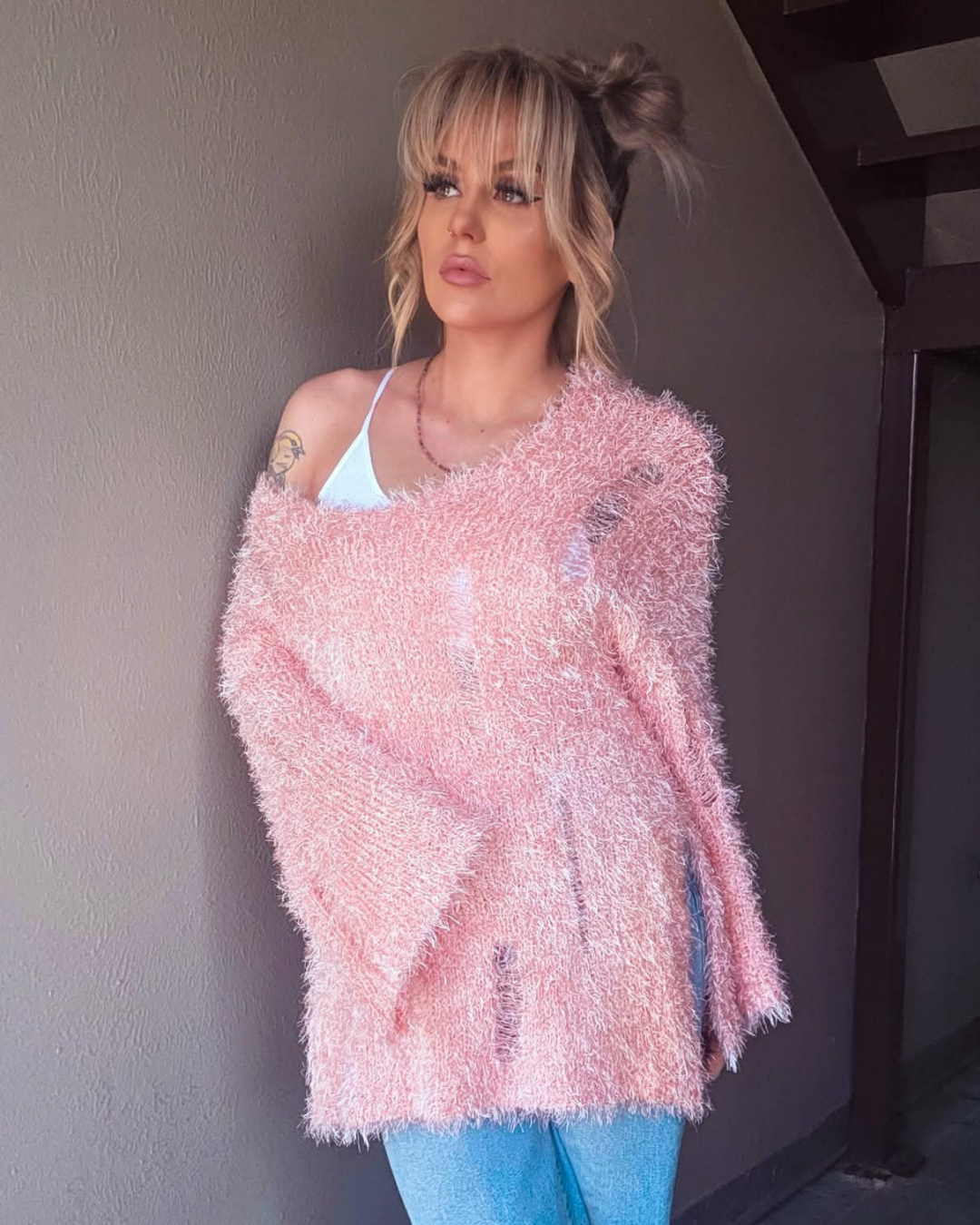 Fuzzy Pink Distressed Off-Shoulder Sweater
