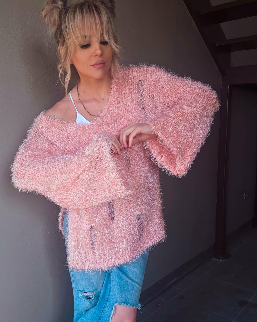 Fuzzy Pink Distressed Off-Shoulder Sweater