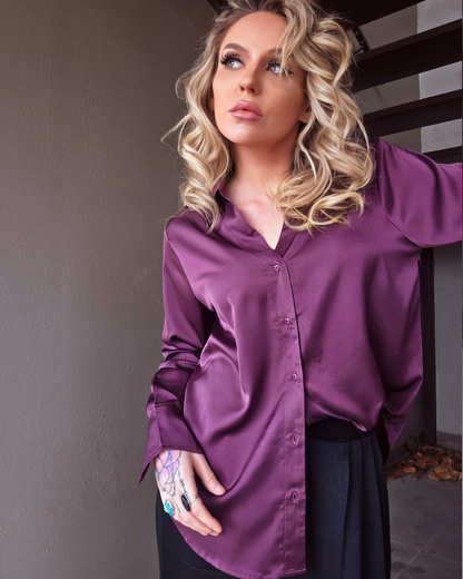 Mulberry Wine Satin Button Up