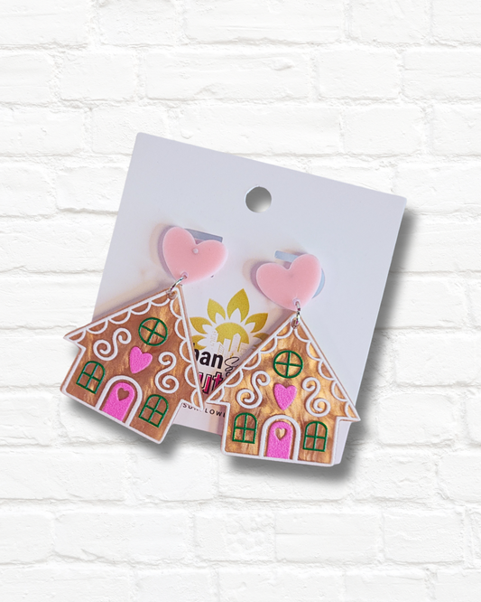 Pink Holiday Gingerbread House Earrings