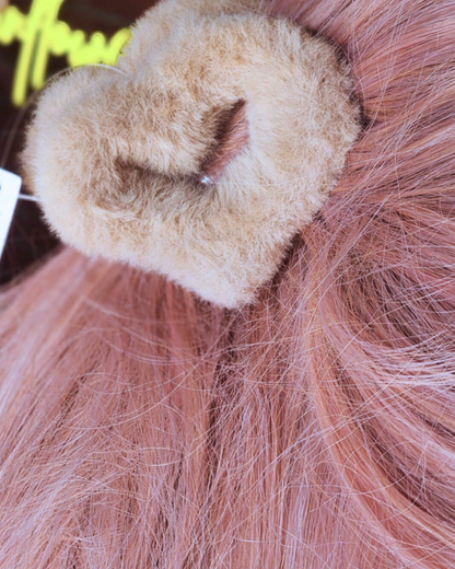 Fuzzy Beige Heart Claw Clip