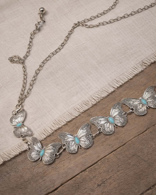 Silver Toned Turquoise Butterfly Chain Belt