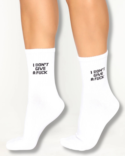 White I Don't Give a Fuck High Top Socks