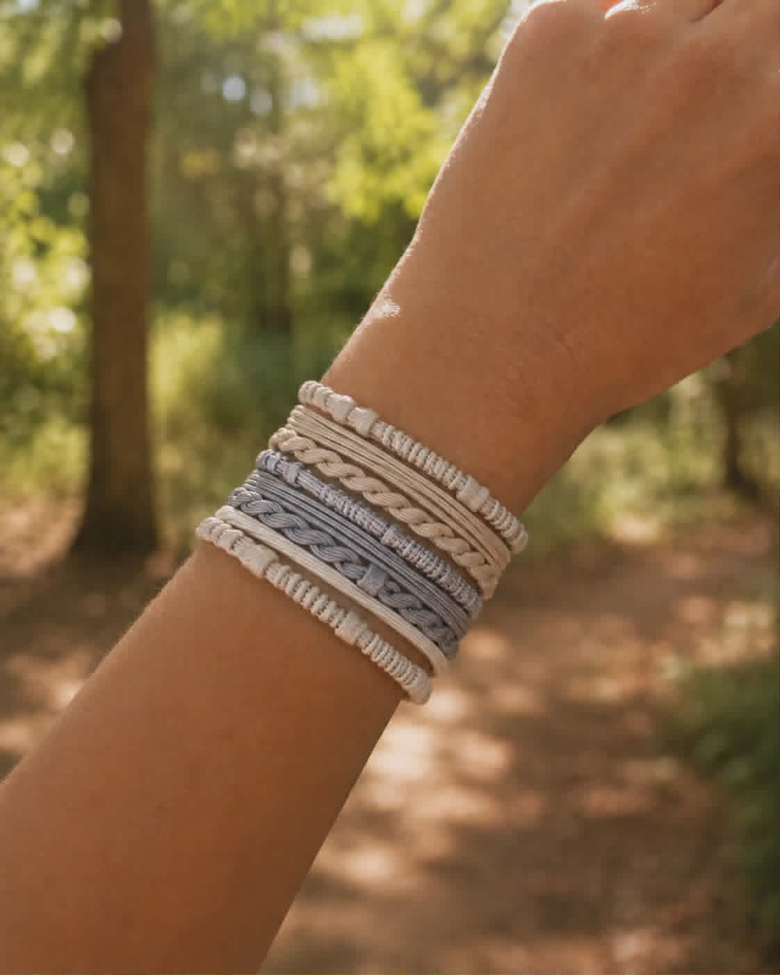 Dusty Blue and Neutral Boho Twist Hair Tie Bracelet Set