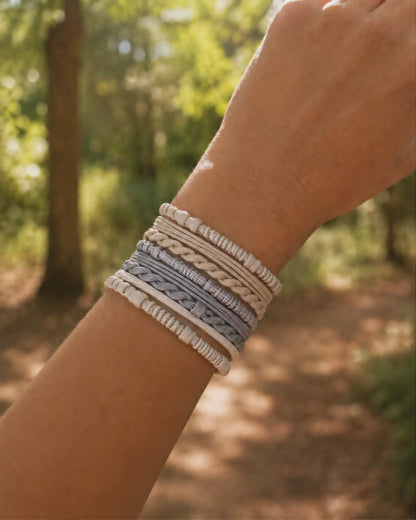 Dusty Blue and Neutral Boho Twist Hair Tie Bracelet Set