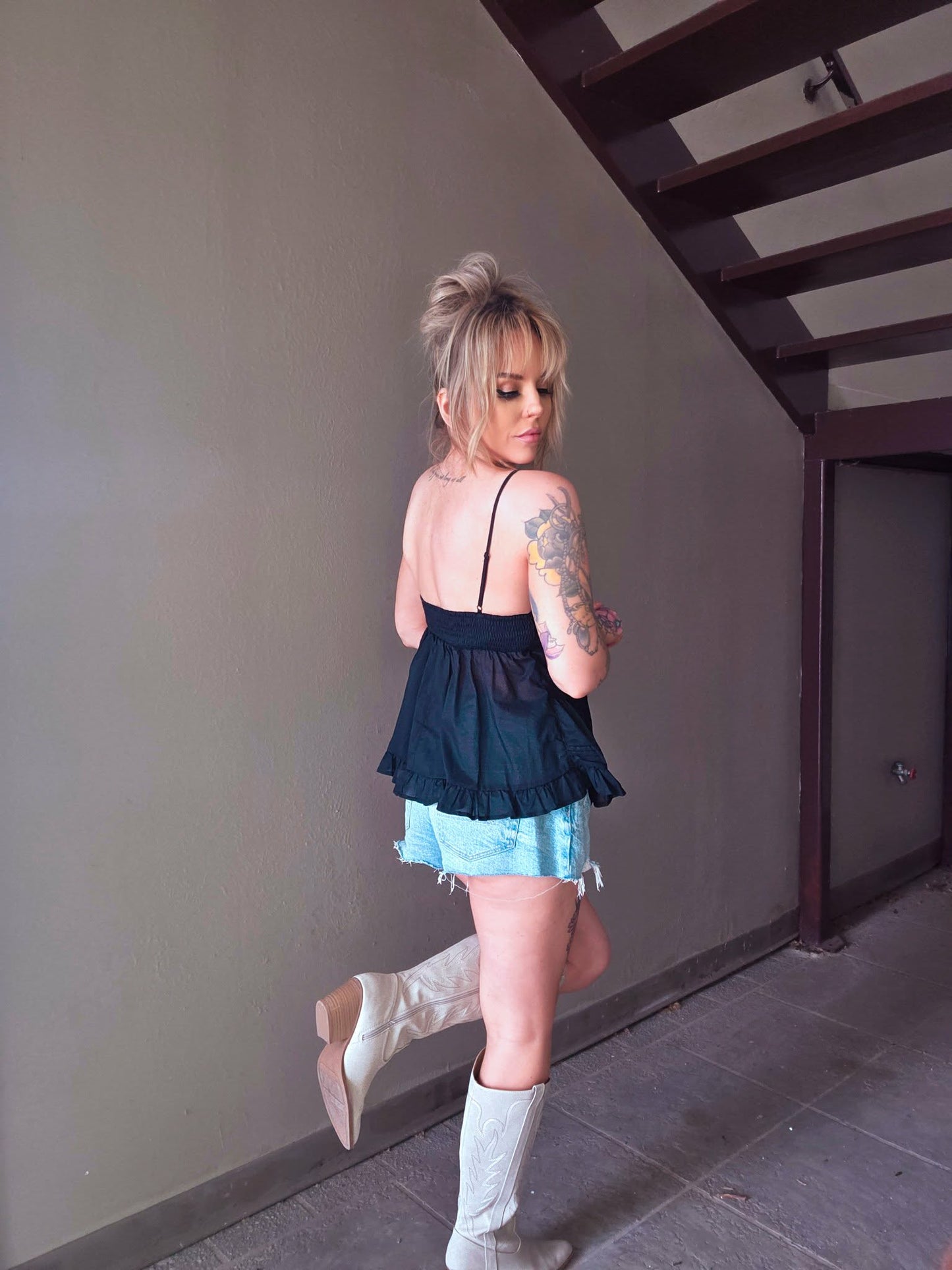 Cityscape Lace Trim Ruffle Top