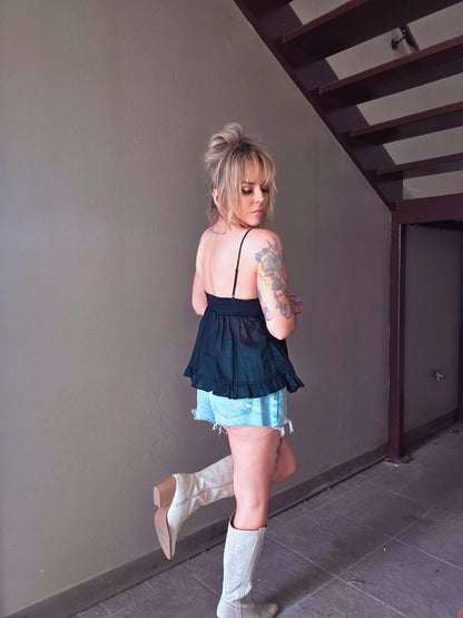 Cityscape Lace Trim Ruffle Top