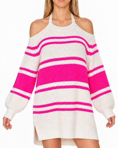 Soft Girl Era, Striped Cold Shoulder Sweater Dress