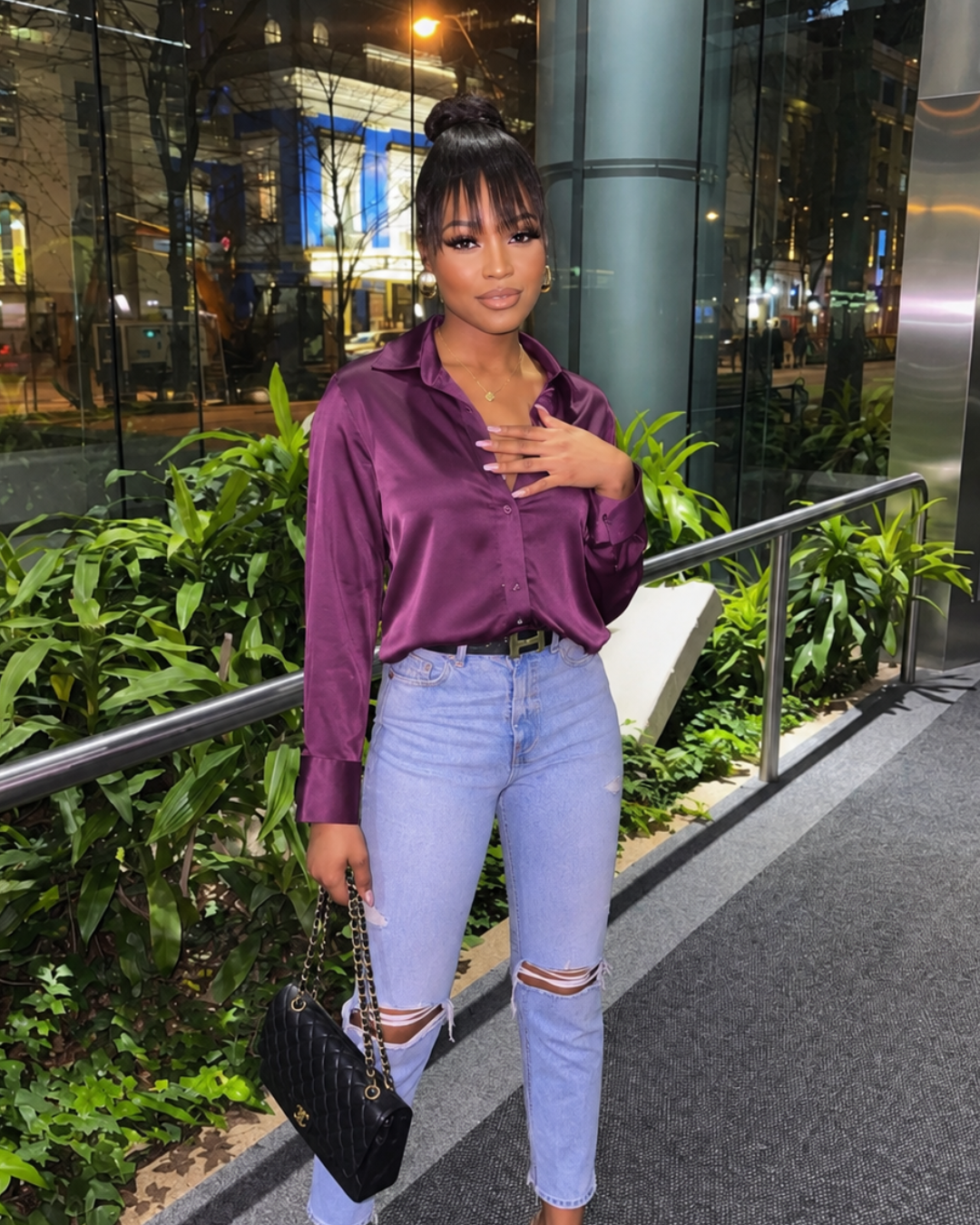 Mulberry Wine Satin Button Up