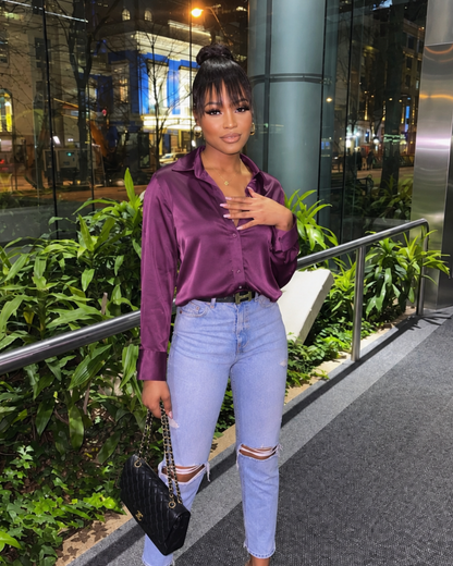 Mulberry Wine Satin Button Up