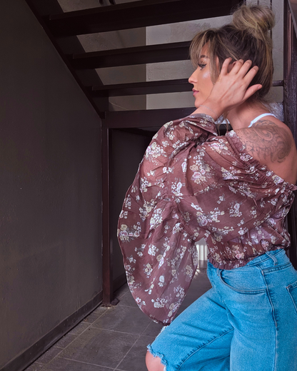 Mocha Bloom Sheer Off Shoulder Top