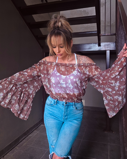 Mocha Bloom Sheer Off Shoulder Top