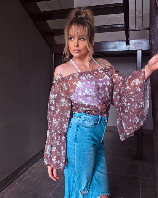 Mocha Bloom Sheer Off Shoulder Top