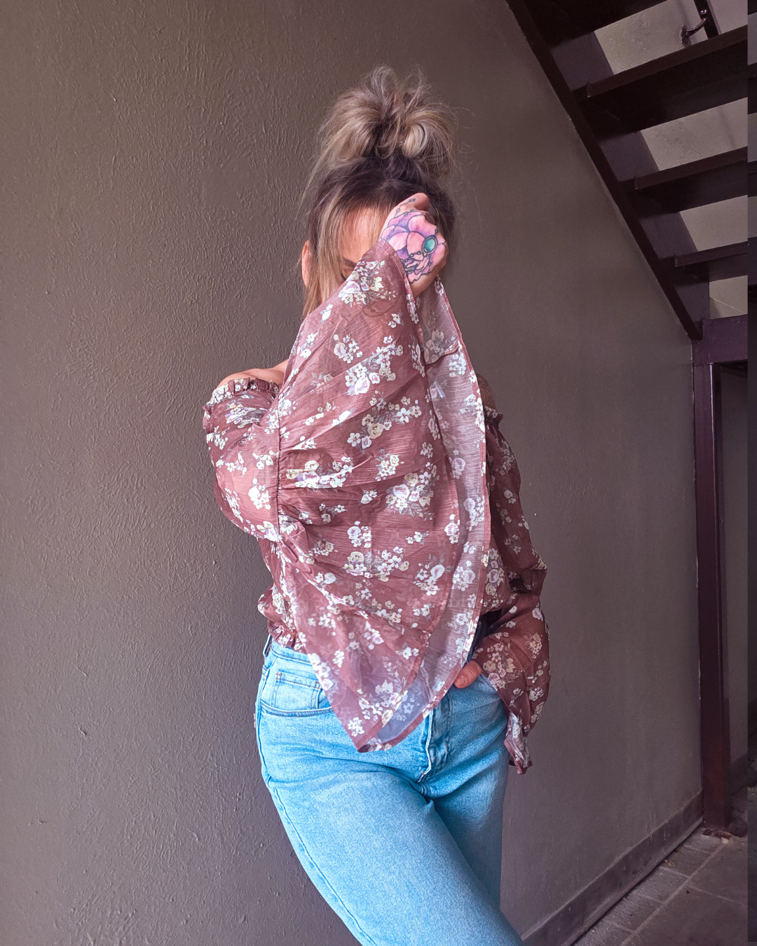 Mocha Bloom Sheer Off Shoulder Top