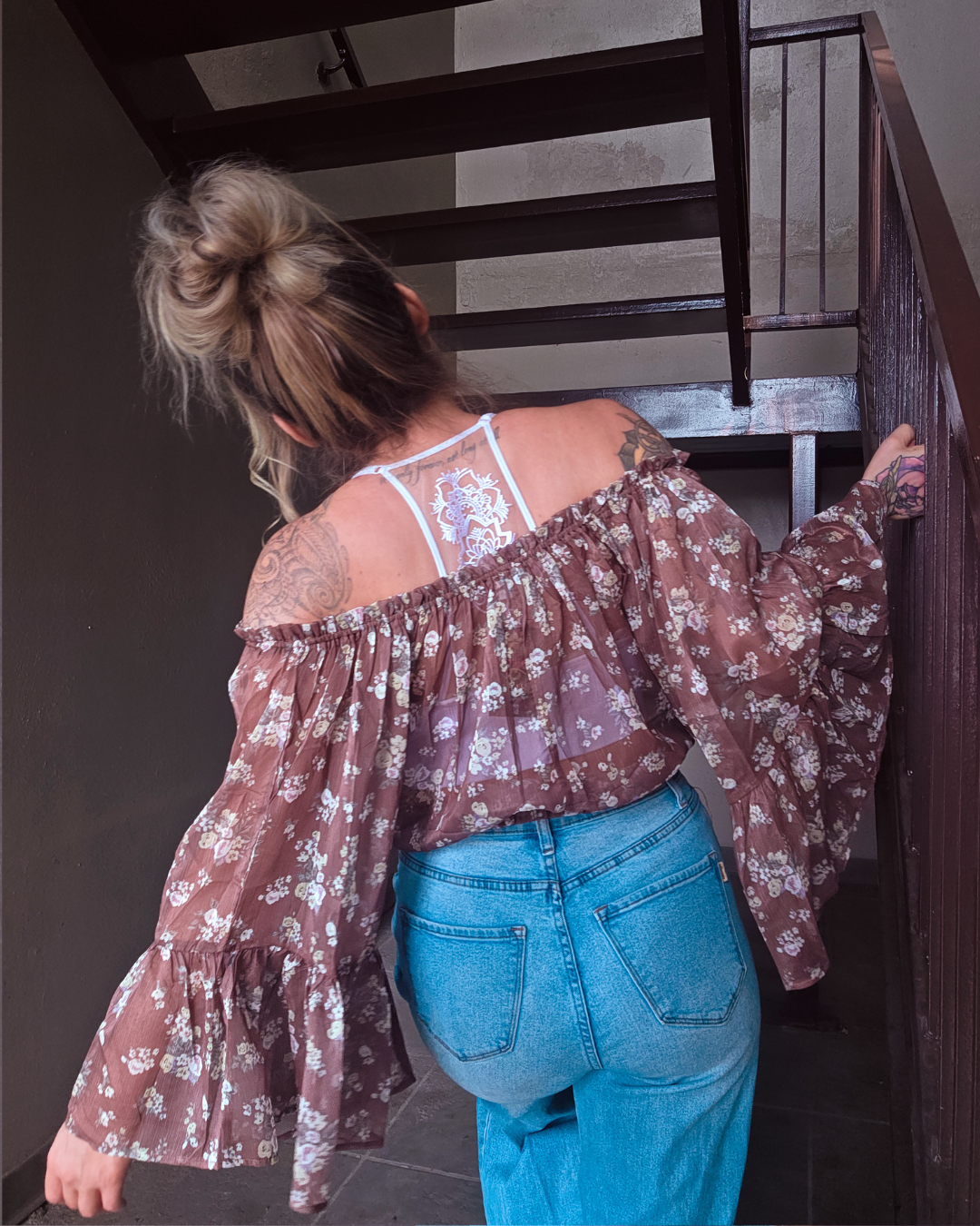 Mocha Bloom Sheer Off Shoulder Top
